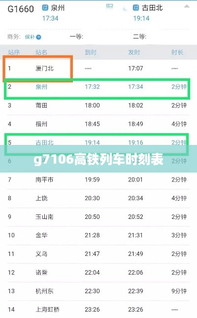 g7106高铁列车时刻表