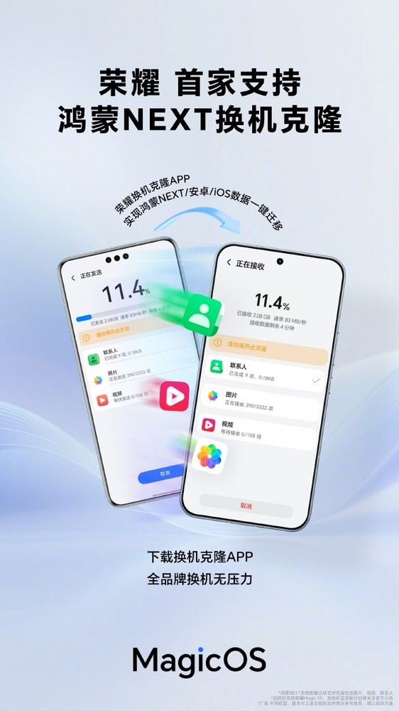 荣耀携手鸿蒙，首家支持NEXT换机克隆，行业生态互通新篇章